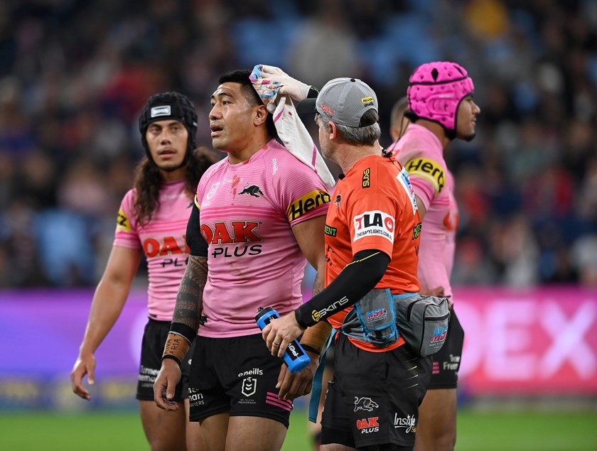 Panthers prop Moses Leota was forced from the field for a HIA after an incident with Jared Waerea-Hargreaves