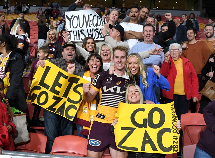 Zac Hosking celebrates with family after his NRL debut for Brisbane in 2022