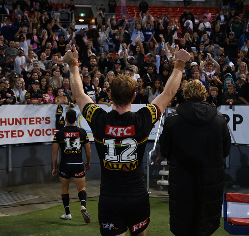 Zac Hosking celebrates after Penrith's 16-15 golden point win in Newcastle