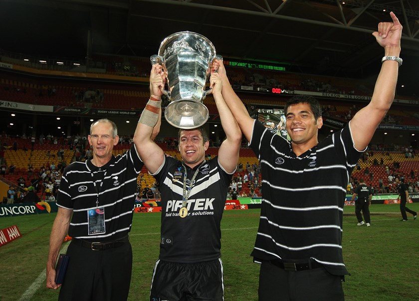 Wayne Bennett, Nathan Cayless and Stephen Kearney celebrate New Zealand's 2008 World Cup triumph