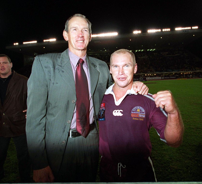 Wayne Bennett and Allan Langer after masterminding an Origin victory for the ages in 2001.