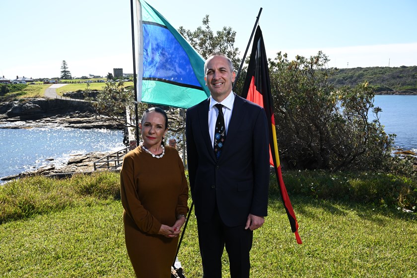 Minister for Indigenous Australians Linda Burney with NRL CEO Andrew Abdo at the launch of the 2023 Indigenous Round