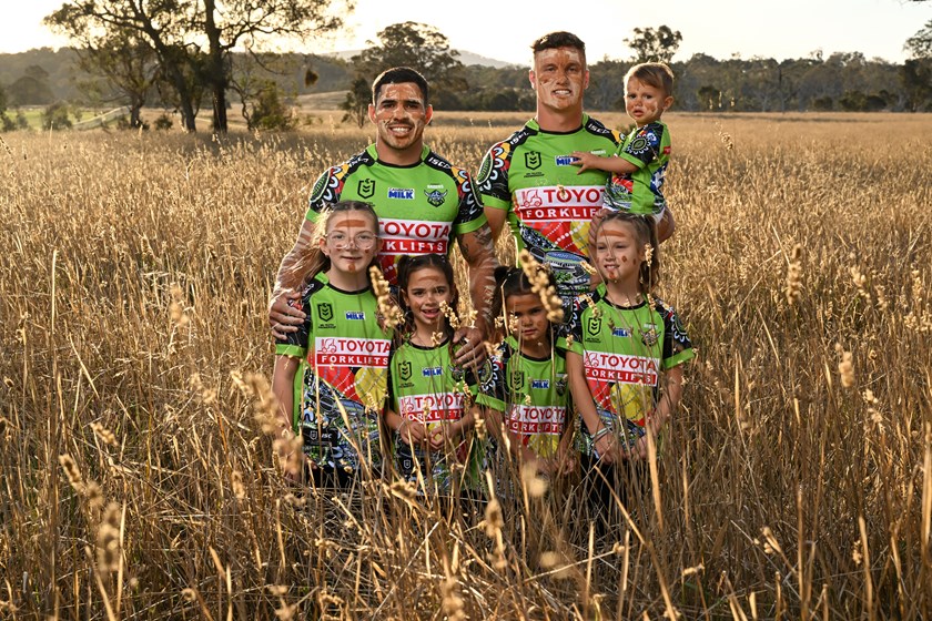 Jamal Fogarty with his two daughters Ruby and Zahli, and Jack Wighton with daughters Aaliyah, Ariah and son, Kayce.