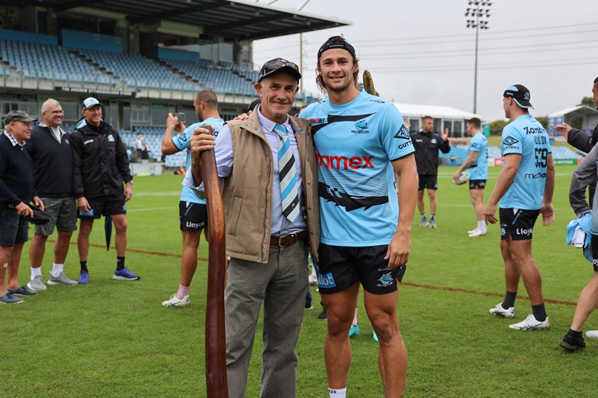 Former Sharks player Ossie Welsh with Nicho Hynes at Old Boys' Day