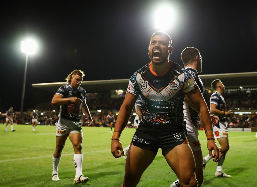 David Nofoaluma celebrates a try during the 66-18 dismantling of the Cowboys at Leichhardt Oval in Round 12.