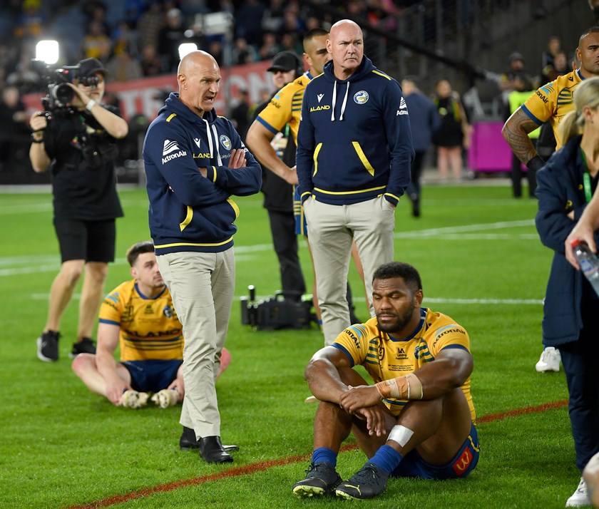So close and yet so far... Brad Arthur and Maika Sivo after the 2022 grand final loss to Penrith.