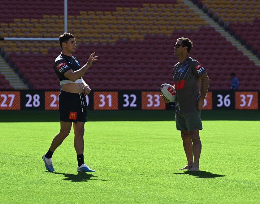 Immortal Andrew Johns gives Mitchell Moses some tips about Origin at Suncorp Stadium
