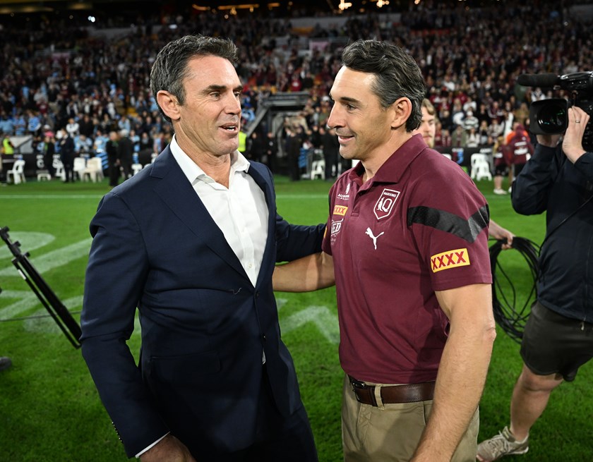 Blues coach Brad Fittler congratulates Maroons counterpart Billy Slater after Origin II
