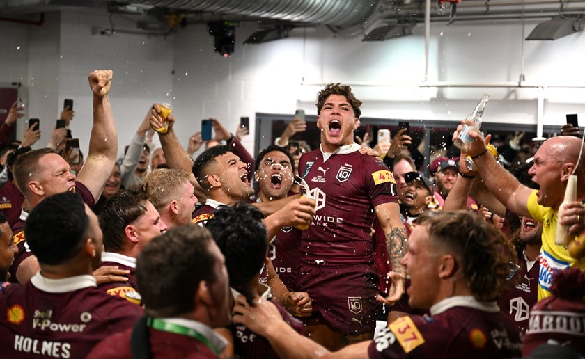 Reece Walsh leads the celebrations in the Queensland sheds