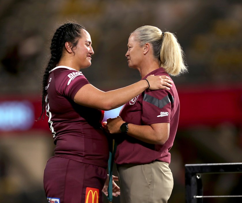 Tahnee Gray with Maroons coach Tahnee Norris after receiving the Nellie Doherty medal.