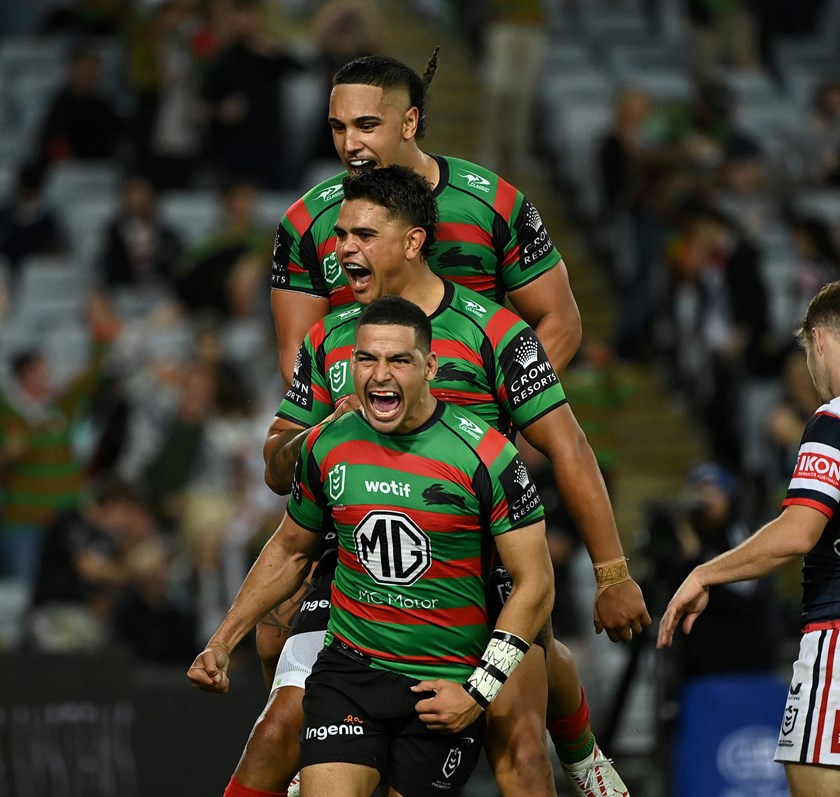 Keaon Koloamatangi, Latrell Mitchell and Cody Walker celebrate a Rabbitohs try