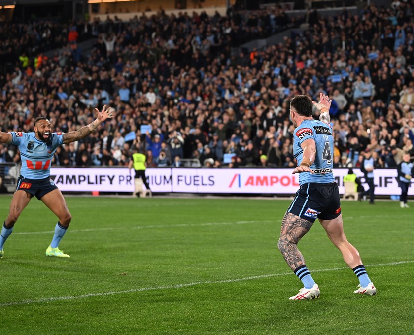 Bradman Best celebrates with Josh Addo-Carr after his second try in Origin III.