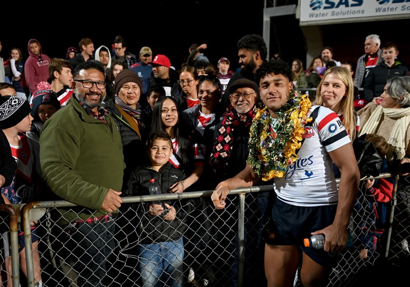 Siua Wong with his family after making his NRL debut in Round 18