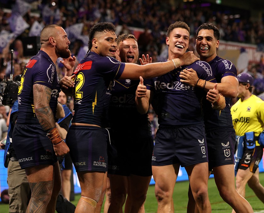Will Warbrick celebrates his match winning try in the Storm's semi-final against Sydney Roosters