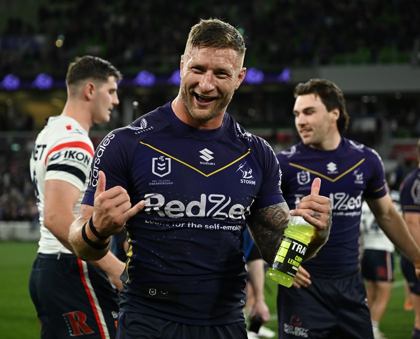 Tariq Sims celebrates after the Storm's semi-final defeat of Sydney Roosters