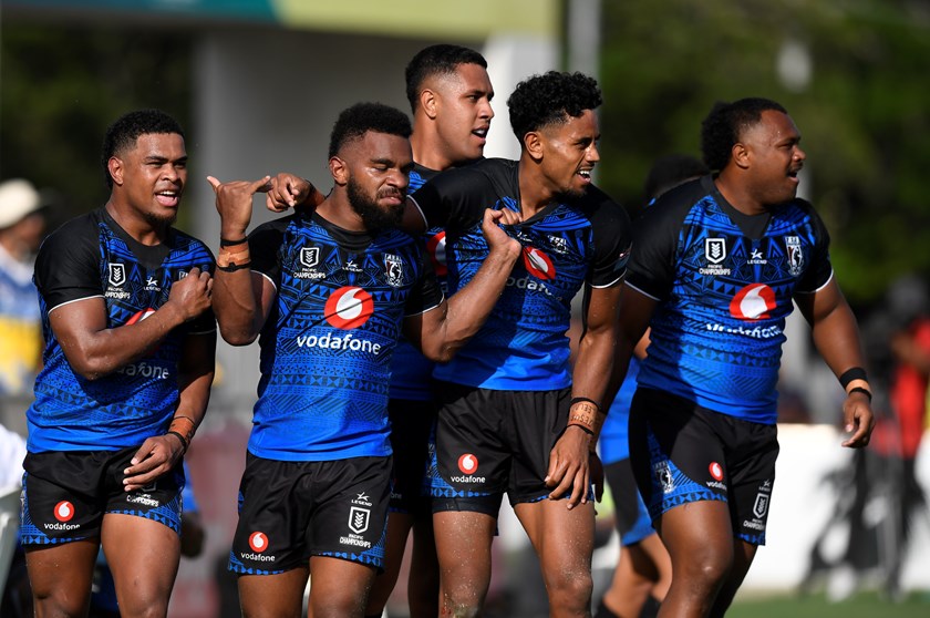 Sunia Turuva celebrates with Bati team-mates during the 2023 Pacific Championships in PNG.