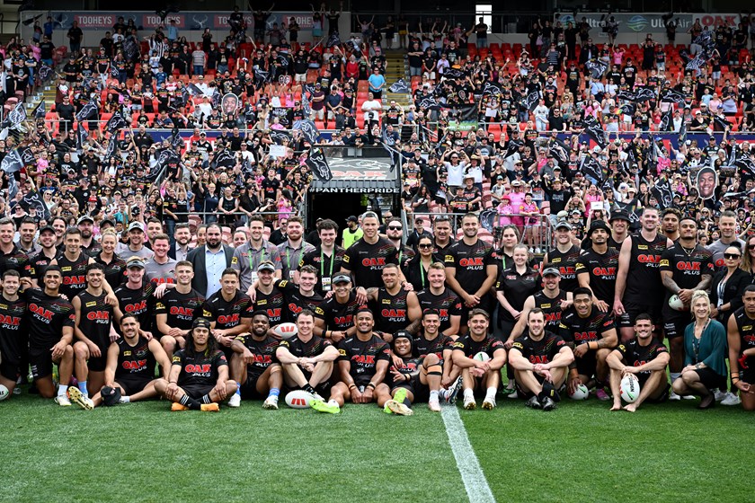 The Panthers pose for a team photo at their fan day.