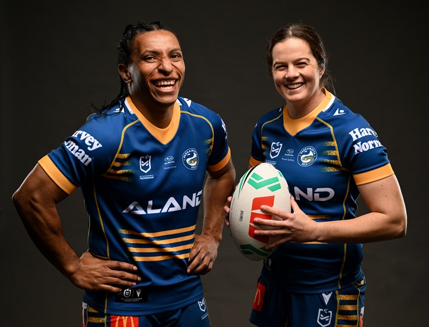 Eels recruits Elsie Albert and Rachael Pearson share a laugh at a photoshoot earlier this year.