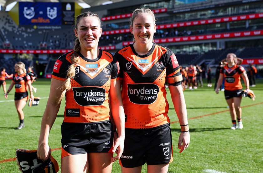 Jakiya Whitfeld (left) has made a blistering start to her NRLW career at Wests Tigers.