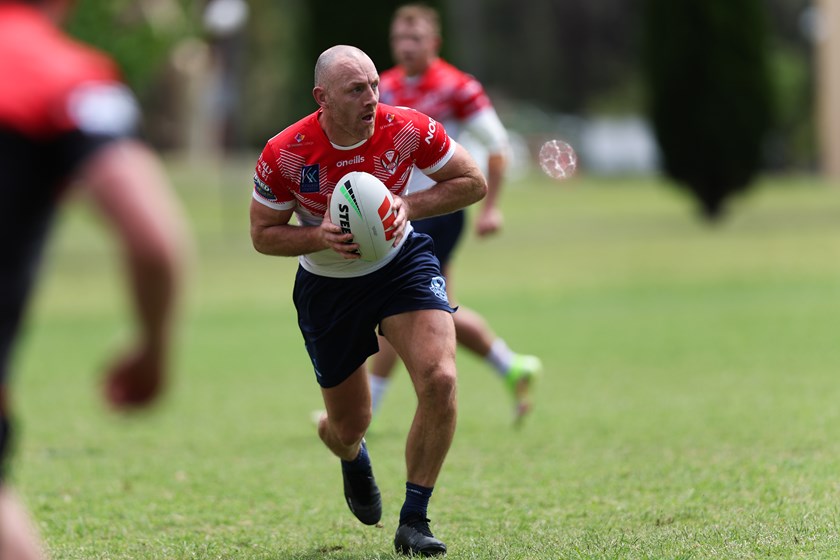James Roby runs the ball during an opposed session against North Sydney