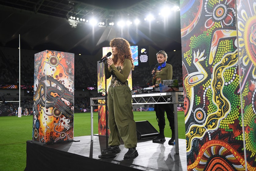 Rebecca Hatch performing before Game One of the Women's State of Origin at CommBank Stadium.