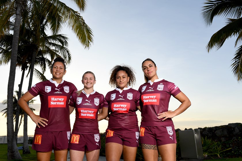 China Polata (r) withTallisha Harden, Emma Manzelmann and Shaniah Power ahead of her Maroons debut in 2023.