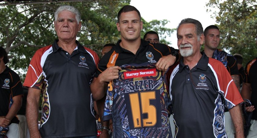 Clarke Scott (right) with Aidan Sezer (centre) and 1973 Indigenous teammate Ron Mason. Photo: Supplied