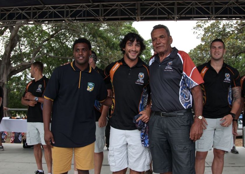 Wally Tallis (right) presents Johnathan Thurston with his Indigenous All Stars jersey in 2013. Photo: Supplied