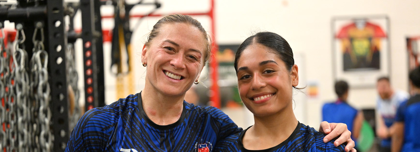 Niall Williams-Guthrie and Titans team-mate Destiny Mino-Sinapati at Samoa training