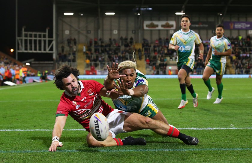 Steven Marsters scores for Cook Islands in their 2022 World Cup defeat of Wales