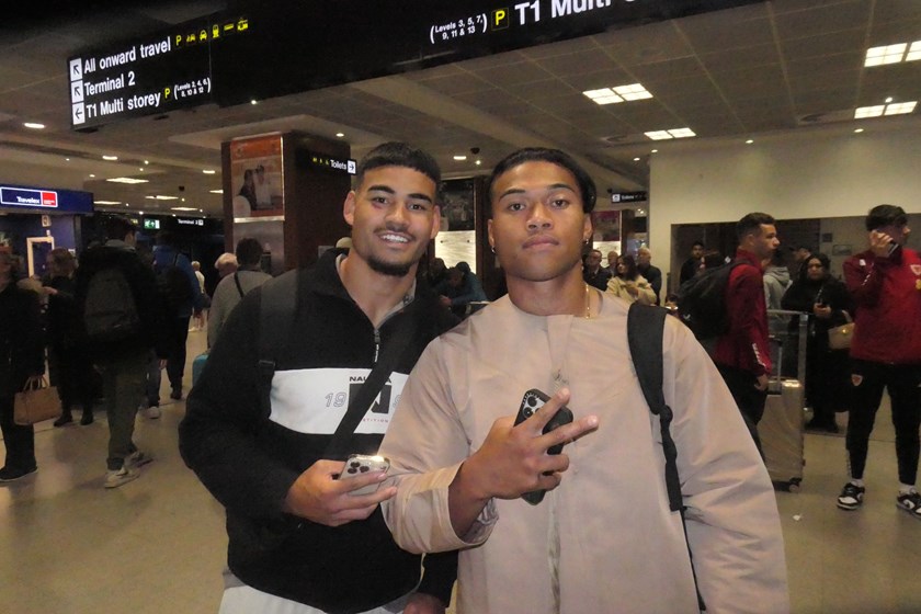Taylan May and Brian To'o arrive in Manchester for the World Club Challenge