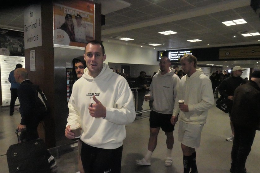 Panthers co-captains Isaiah Yeo and Nathan Cleary at Manchester Airport