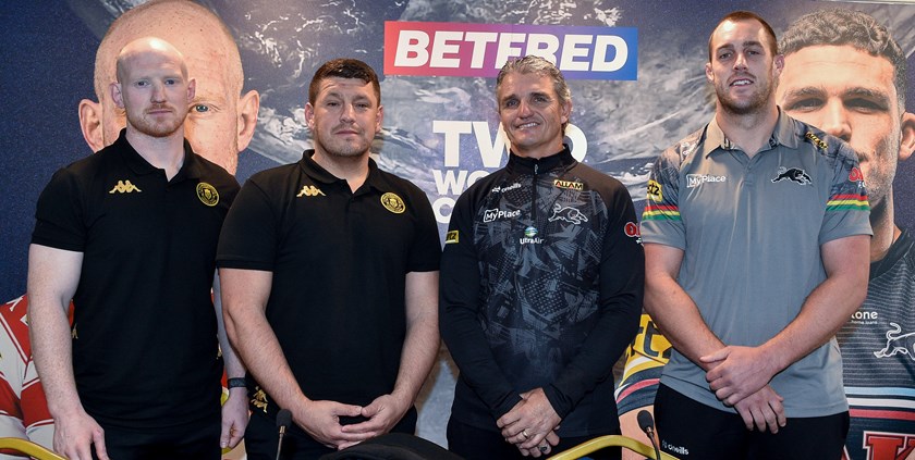 Wigan's Liam Farrell and Matty Peet with their Penrith counterparts Ivan Cleary and Isaah Yeo