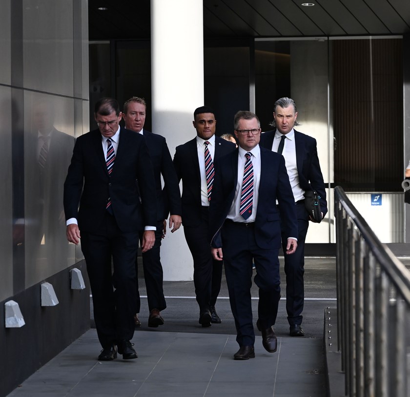 Spencer Leniu arrives at the NRL judiciary with Roosters coach Trent Robinson, CEO Joe Kelly, football manager Chris James and legal counsel James McLeod