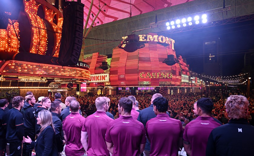 Sea Eagles and Rabbitohs players are presented to the crowd in Fremont Street