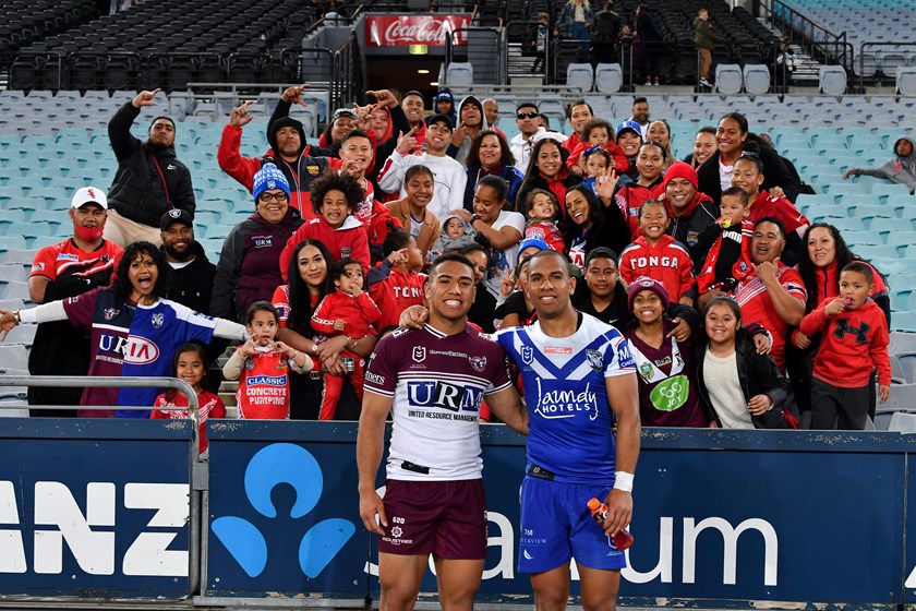 Albert and Will with members of the Hopoate family after playing against each other in 2020.