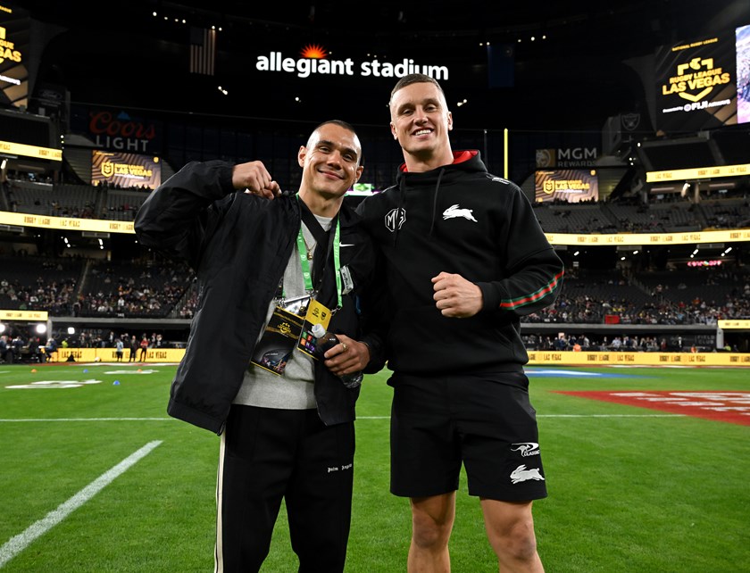 Jack Wighton with Tim Tzyu in Las Vegas, where the star Rabbitohs recruit was forced to watch from the sideline due to suspension.