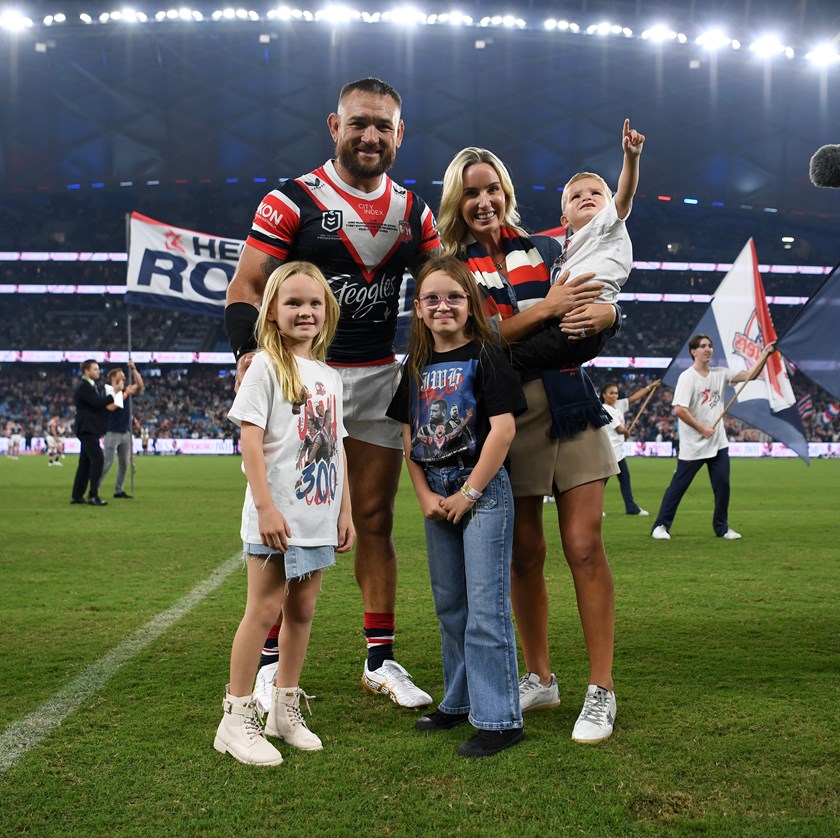 Roosters prop Jared Waerea-Hargreaves with wife Chelsea and children Harper, Zahli and Hudson before his 300th match