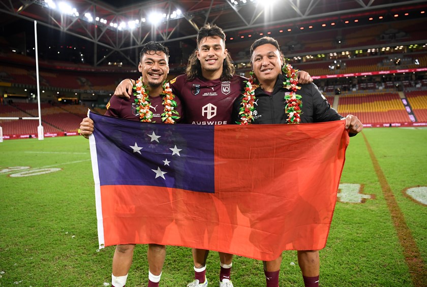 Queensland's Samoan connection Jeremiah Nanai, Tino Fa'asuamaleaui and Josh Papali'i after helping the Maroons to Origin victory in 2022 