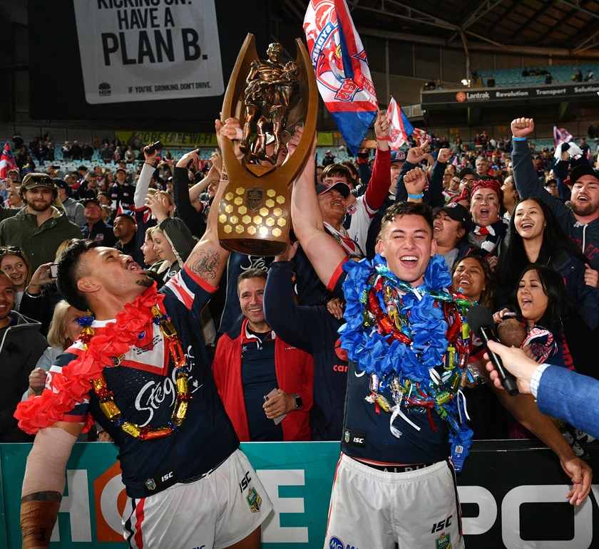 Zane Tetevano and Joey Manu celebrate winning the 2018 grand final with Sydney Roosters 