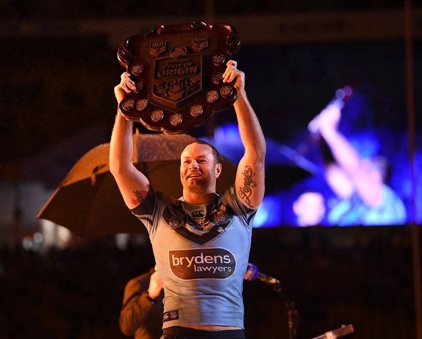 Boyd Cordner holds the State of Origin Shield after leading NSW to victory in 2018