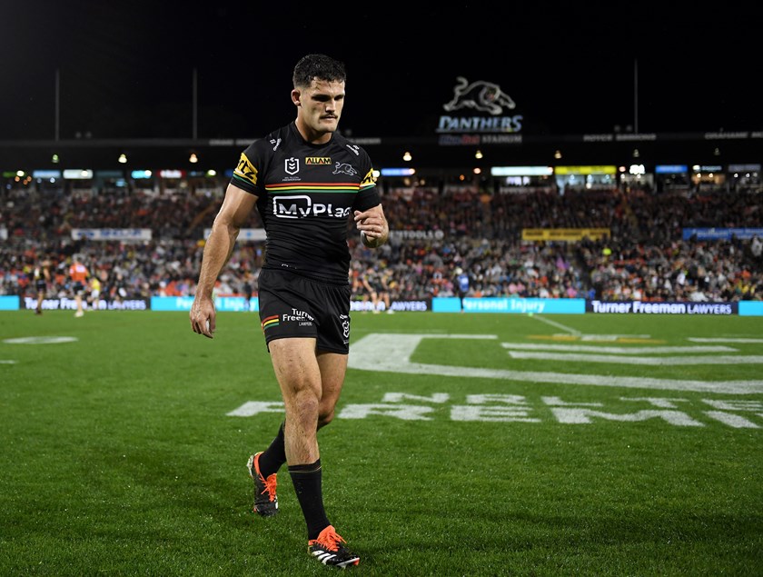 A "shattered" Nathan Cleary comes from BlueBet Stadium after suffering a recurrence of his hamstring injury.