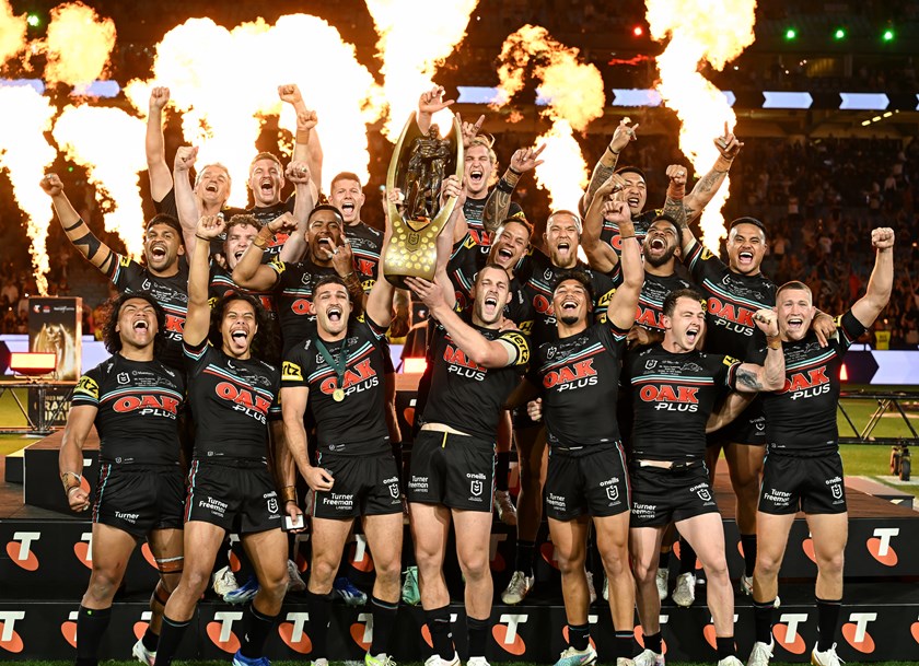 The Panthers celebrate their third consecutive grand final win in 2023.