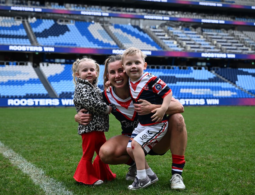 Sam Bremner with son Reef and daughter Lakey after making her comeback for the Roosters.