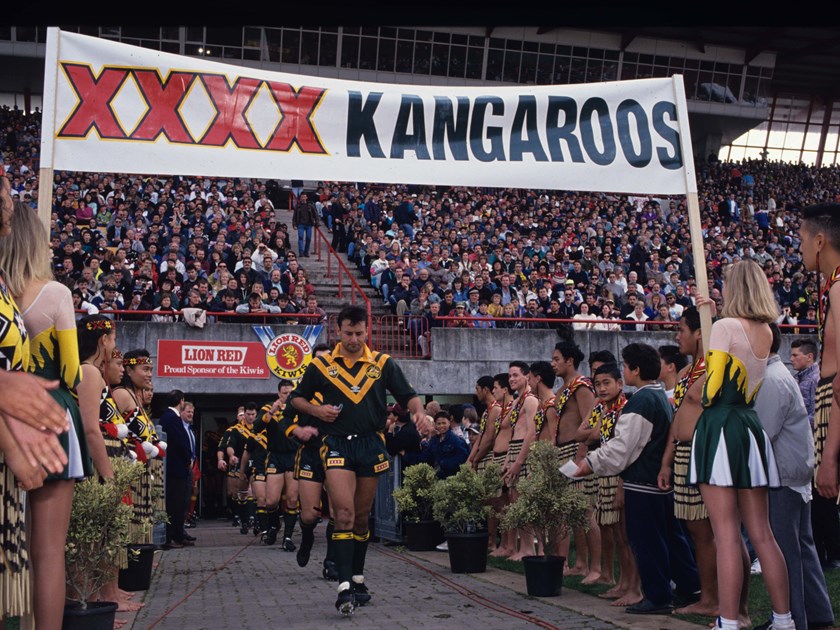 Laurie Daley leads the Kangaroos in the 1998 ANZAC Test against the Kiwis