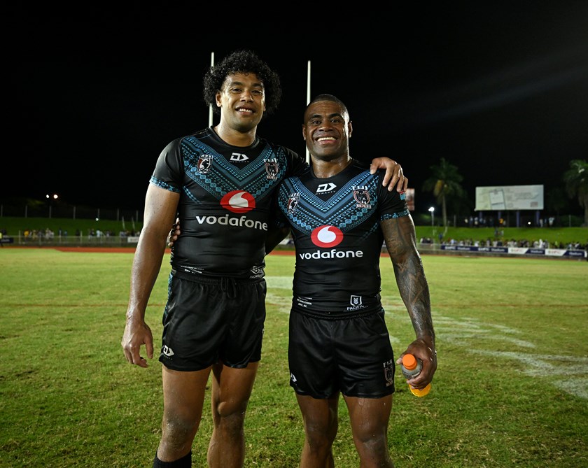 Kevin Naiqama with Bati team-mate Waqa Blake after his farewell match in Fiji. 