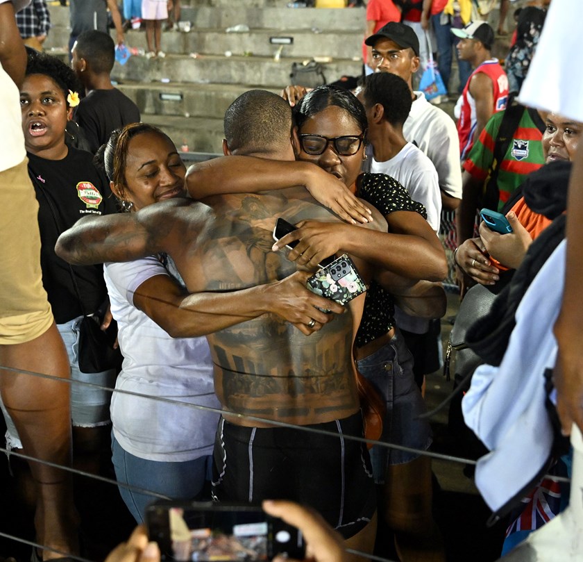 An emotional Kevin Naiqama embraces family after his last match in Fiji.