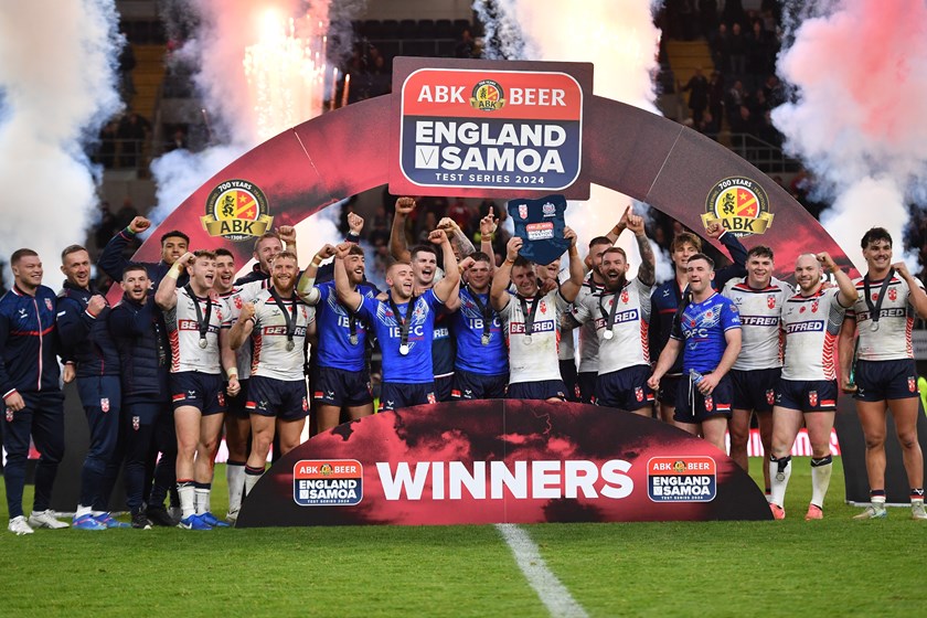 England celebrate their 2-0 series win against Samoa at Headingley.