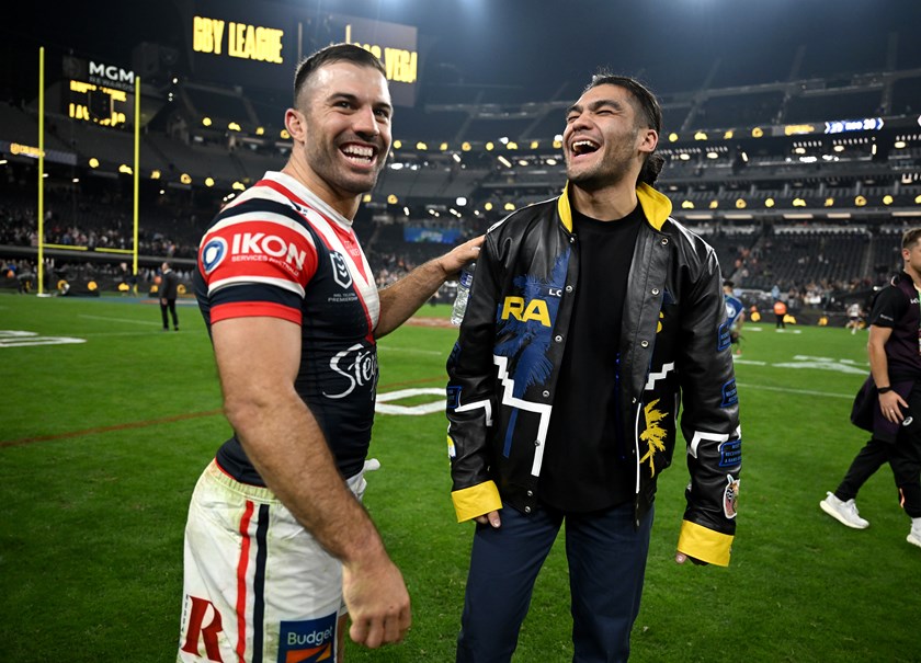 Sydney Roosters captain James Tedesco with NFL star Puka Nacua at Allegiant Stadium.