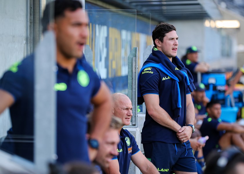 Eels coach Brad Arthur (seated) says Mitchell Moses (r) is unlikely to be play before Origin.